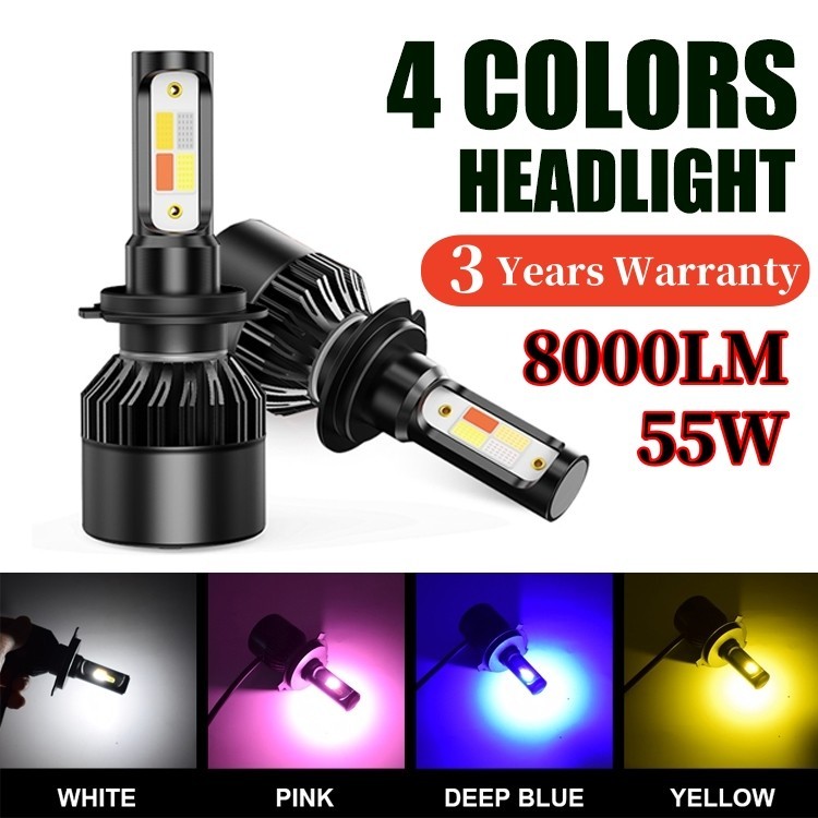 2PCS 55W หลอดไฟหน้ารถยนต์ LED ไฟหน้ารถจักรยานยนต์ 4สี ไม่มีข้อผิดพลาด สว่างมาก H4 H7 H11 9005 9006