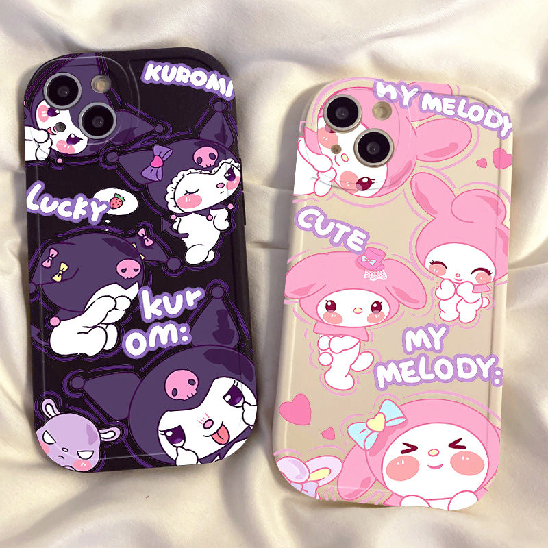 อาย Kuromi Happy Melody เคสโทรศัพท ์ เหมาะสําหรับ iPhone 11 12 13 14 15 Plus Pro MAX X XR XS MAX 7 8 6s Plus
