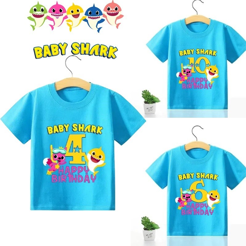 Baby Shark การ ์ ตูนเสื ้ อยืดสีฟ ้ ายอดนิยมการ ์ ตูนน ่ ารัก 1-11 ปีพิมพ ์ ดิจิตอลปาร ์ ตี ้ แขนสั ้ นผ ้ าฝ ้ ายของขวัญวันเกิดเด ็ ก