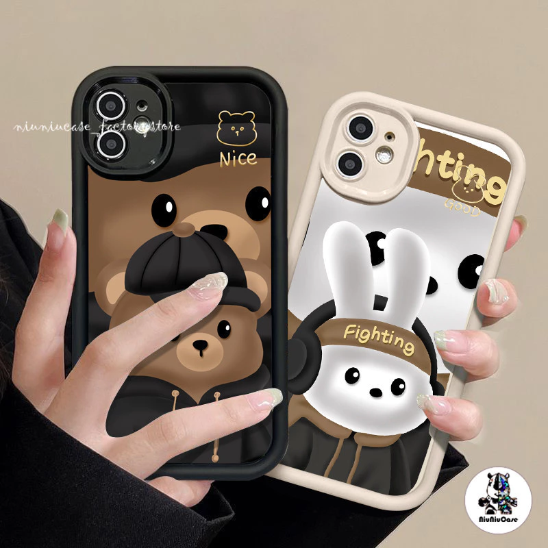 สำหรับ Vivo Y17s Y16 Y35 Y02 Y20 Y17 Y27 Y51 Y21 Y22 V25 หมวกหมีน้อยหูฟังกระต่ายรูปแบบนุ่มกรณีซิลิโคนโทรศัพท์กันกระแทก