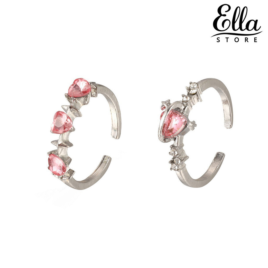 Ellastore123 2 ชิ ้ นผู ้ หญิงเปิดแหวนรูปหัวใจสีชมพู Rhinestone ปรับแหวนพรหมปาร ์ ตี ้ Lady Knuckle 