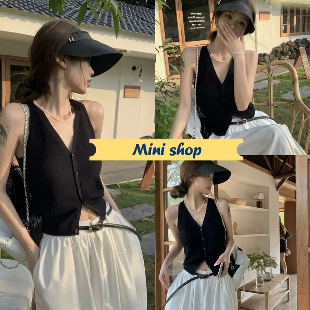 Mini shop พร้อมส่ง (05016) เสื้อกล้ามไหมพรม คอวี แขนกุด สไตล์มินิมอลน่ารักๆสบาย