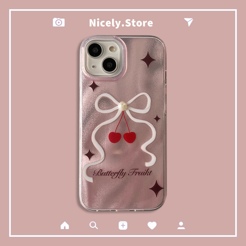 สไตล์เกาหลี Cherry Pearl Bowknot สีชมพูเคสโทรศัพท์สําหรับ iPhone 15 14 13 12 Pro Max 11 15Pro Shock Proof IMD ปกหลังปลอก