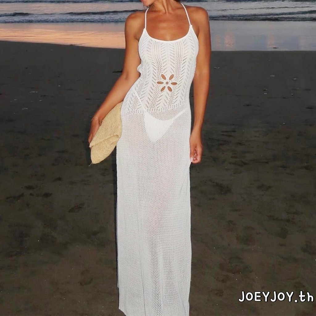 Joeyjoy-ผู้หญิงถักชุดยาวสายสปาเก็ตตี้backless Hollowed Solid Sheerชุดสําหรับปาร์ตี้วันหยุด