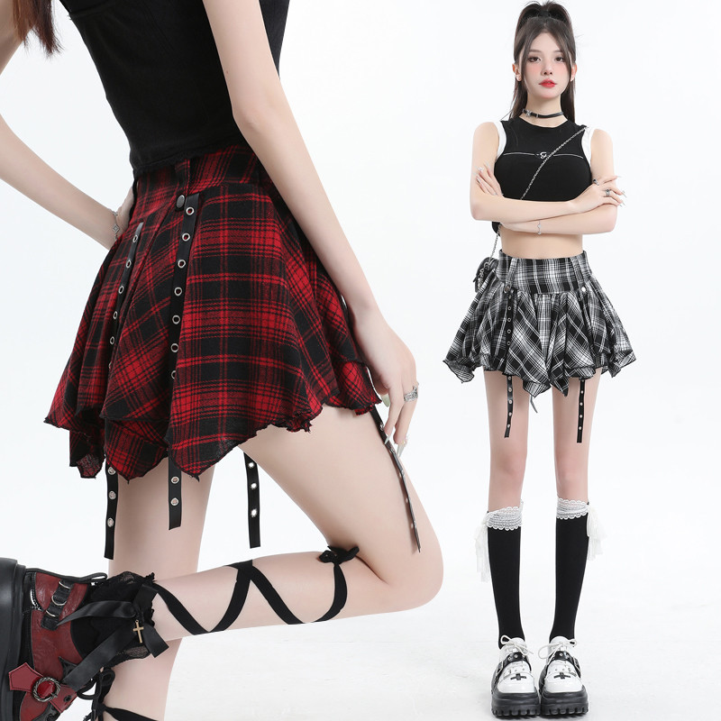 ฤดูรอนเกาหลี Retro Contrasting Checkered ไมสม เสมอจีบ A-line กระโปรงสั นผูหญิง 240520