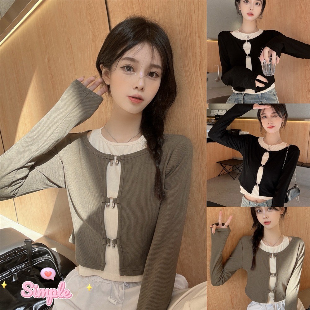 SimpleStore จัดส่งในกรุงเทพฯ เสื้อสเวตเตอร์ถักสีทึบ + เสื้อสเวตเตอร์ถักสีขาวสองชิ้นสำหรับผู้หญิง 052