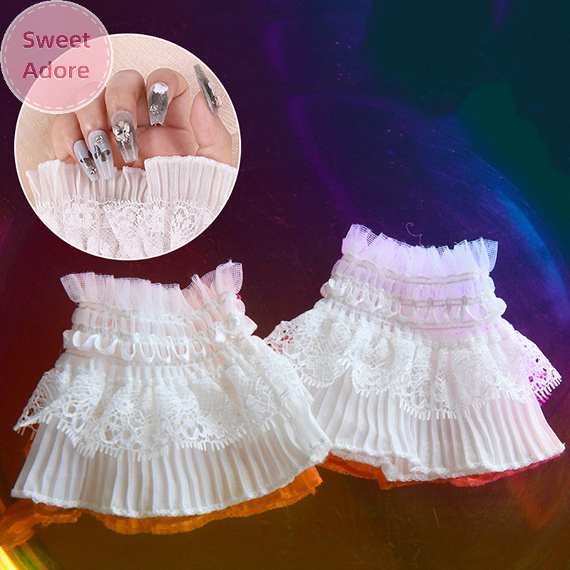 Sweetadore 1 คู่เล็บภาพลูกไม้ตกแต่ง Cuff Double-Layer ตาข่ายฮอร์นแขนเล็บแสดงวางตัวแขน DIY Shoog พื้นหลัง Prop TH