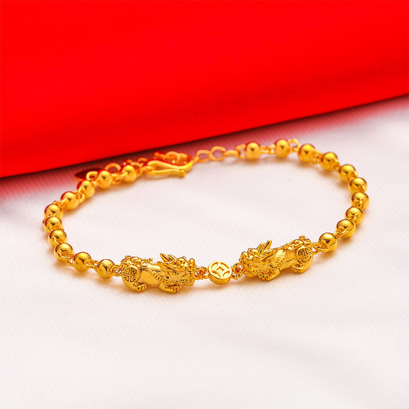 2024 สไตล์ใหม่หนา Gold-Plated Pixiu สร้อยข้อมือลูกปัดกลมทองเหลืองไฟฟ้าทรายสีทอง Retention จําลอง 24K Transfer สร้อยข้อมือลูกปัดเครื่องประดับ