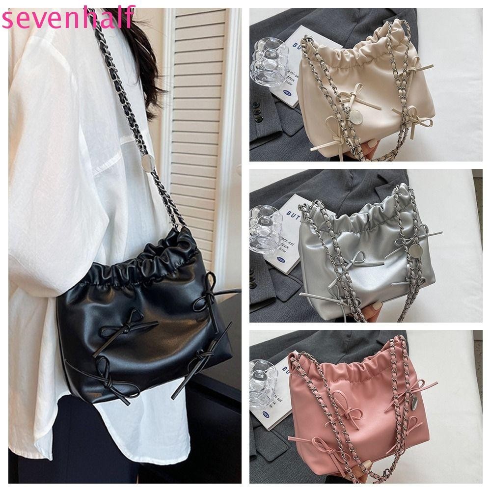 Sevenhalf Bowknot Bucket Bag, PU Leather Large Capacity Bow Tote Bag, Sweet Chain Pleated Underarm Bag Bow Crossbody Bag Ladies