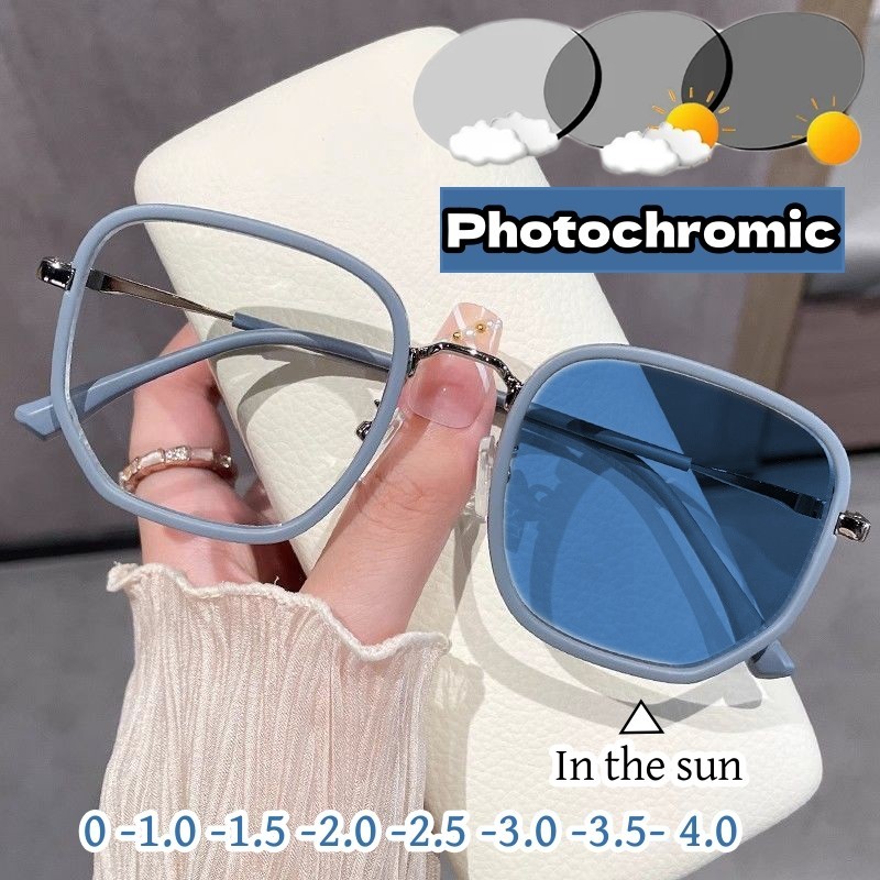 แฟชั่นหรูหรา Photochromic สายตาสั้นแว่นตา Unisex อินเทรนด์ลบใบสั่งแพทย์ Diopter แว่นตาแว่นตากันแดดเปลี่ยนสีกลางแจ้ง