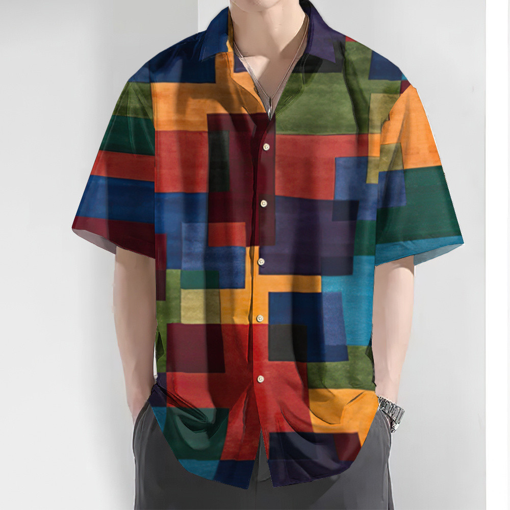 เสื้อเชิ้ตแขนสั้นผู้ชายลายสก๊อตวินเทจขนาดใหญ่ เสื้อเชิ้ตลำลองฮาวายมีสไตล์ เสื้อแนวสตรีทสำหรับสวมใส่เดินทางกลางแจ้งทุกวัน
