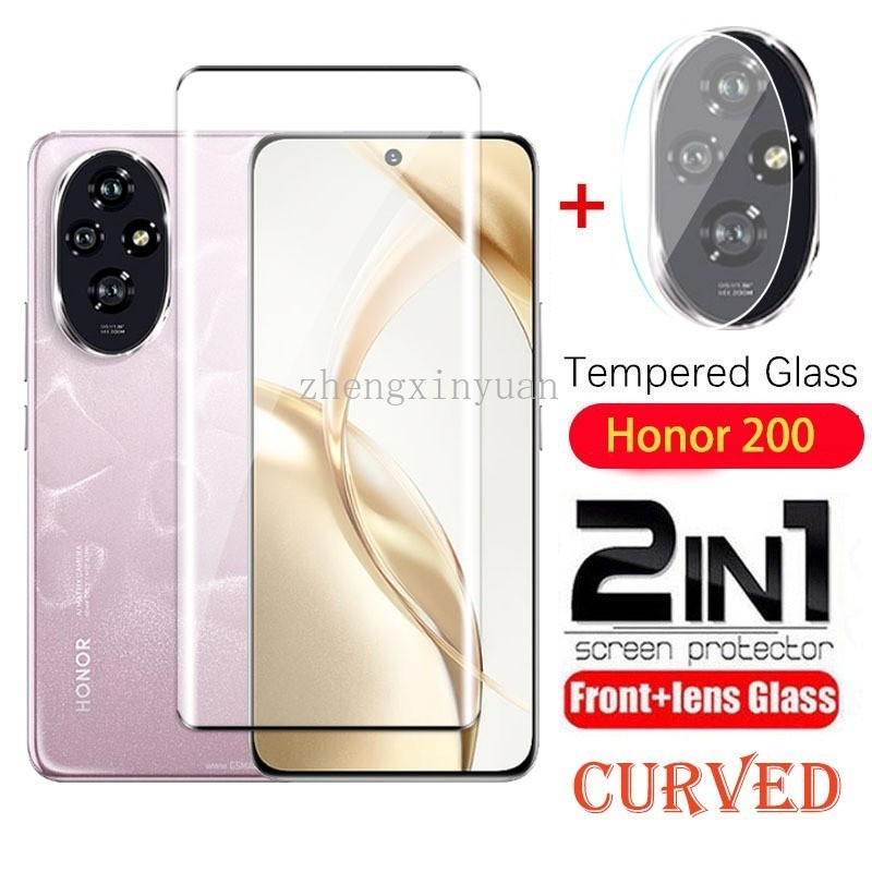 2in1 9Hขอบโค้งป้องกันหน้าจอสําหรับHonor 200 pro 5G 2024 กล้องเลนส์ป้องกันฟิล์มสําหรับHonor200 Honor200pro Honor200lite 200pro Liteกระจกนิรภัยป้องกันฟิล์ม