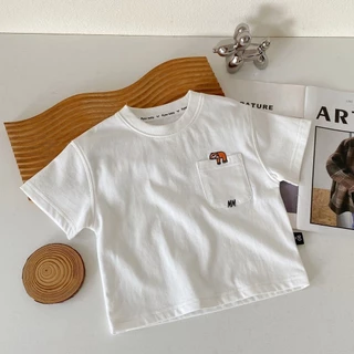 เสื้อยืดแขนสั้นเด็กผู้ชายฤดูร้อนสไตล์ใหม่แฟชั่นเวอร์ชั่นเกาหลีผ้าฝ้ายแท้คอกลมเย็บปักถักร้อยสไตล์ญี่ปุ่นหลวมสบายๆนุ่มสบายด้านบน