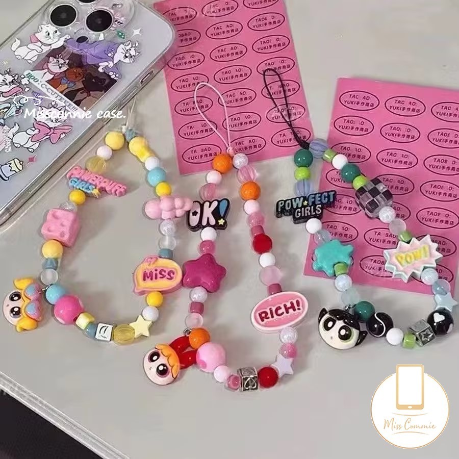 แบรนด์อินเทรนด์การ์ตูน3ง ตุ๊กตาเย็นน่ารักซูเปอร์สาวโทรศัพท์โซ่เชือกเส้นเล็กคริสตัลหรูหราจี้ลูกปัดสร้อยข้อมือสีดาวลูกปัดโบว์เชือกเส้นเล็กมือถือแขว