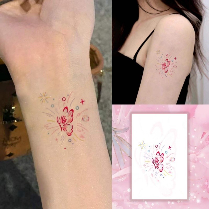 ฟองสีแดงลายผีเสื ้ อสักน ่ ารักสาวข ้ อมือสักสติกเกอร ์ รอยสักกันน ้ ํายาวนาน 7 วันรอยสักปลอมชั ่ วคราว