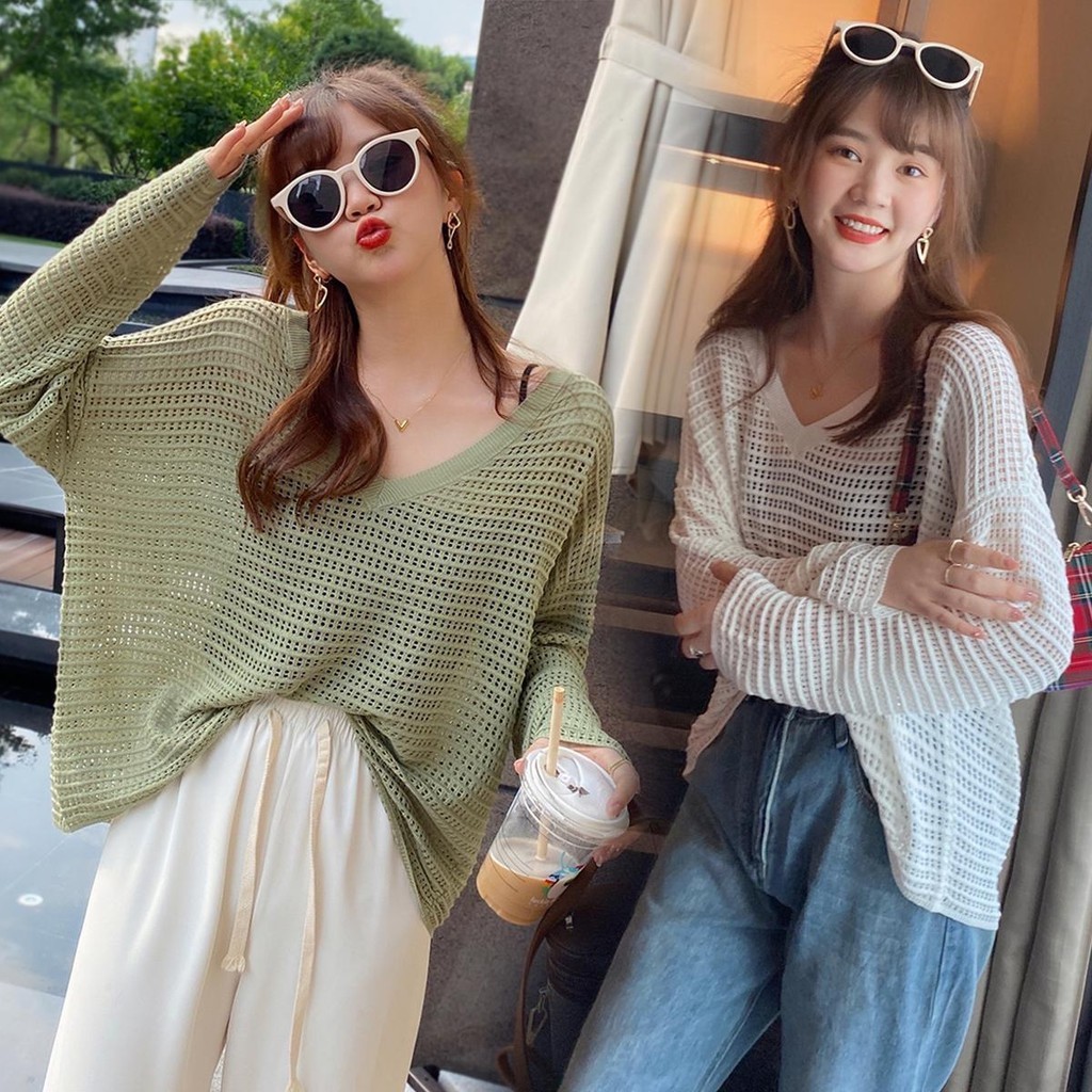 MIMI&DIDI#เสื้อแขนยาวกลวง คอวี  ถักสตรีฤดูร้อนหลวมถัก แฟชั่นสไตล์เกาหลี เสื้อป้องกันแสงแดดบางใหม่ด้านบน#1530