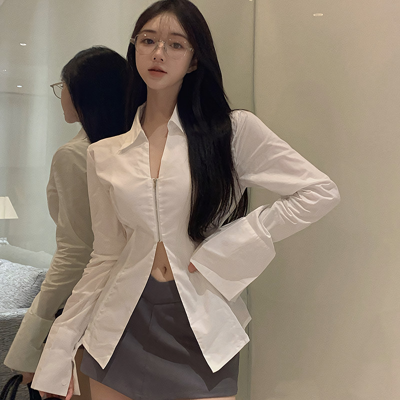 Suysuy พร้อมส่ง เสื้อ เชิ้ต ผ้าคัตตอน แขนยาว คอปก ดีเทลซิปครึ่งตัว เหมาะกับฤดูใบไม้ผลิ สำหรับผู้หญิง