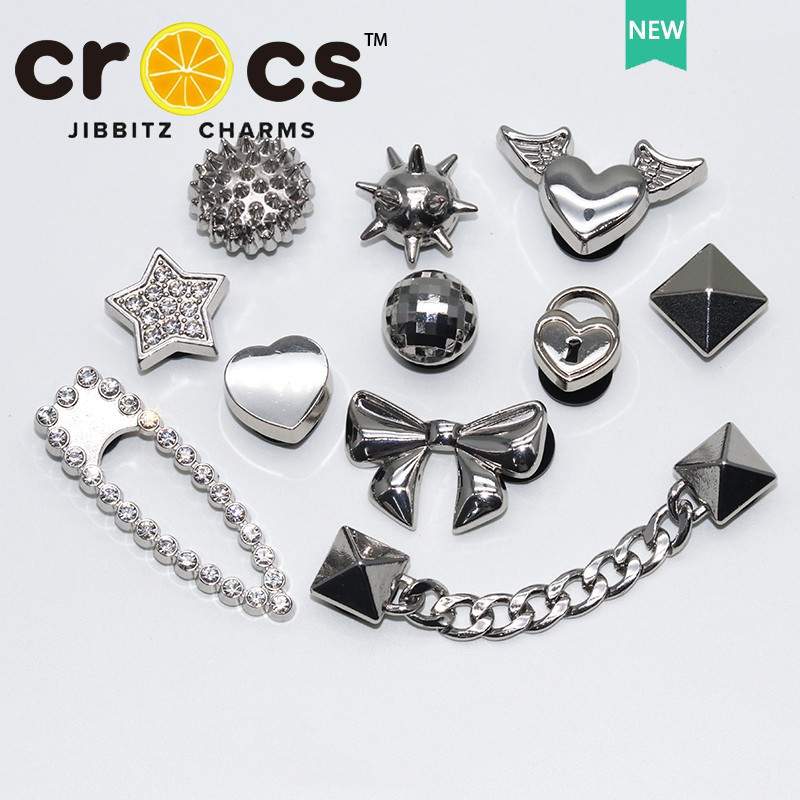 โลหะ jibbitz crocs charms รองเท ้ าหัวเข ็ มขัดอุปกรณ ์ เสริมรองเท ้ าโลหะเงิน diy ตกแต ่ ง