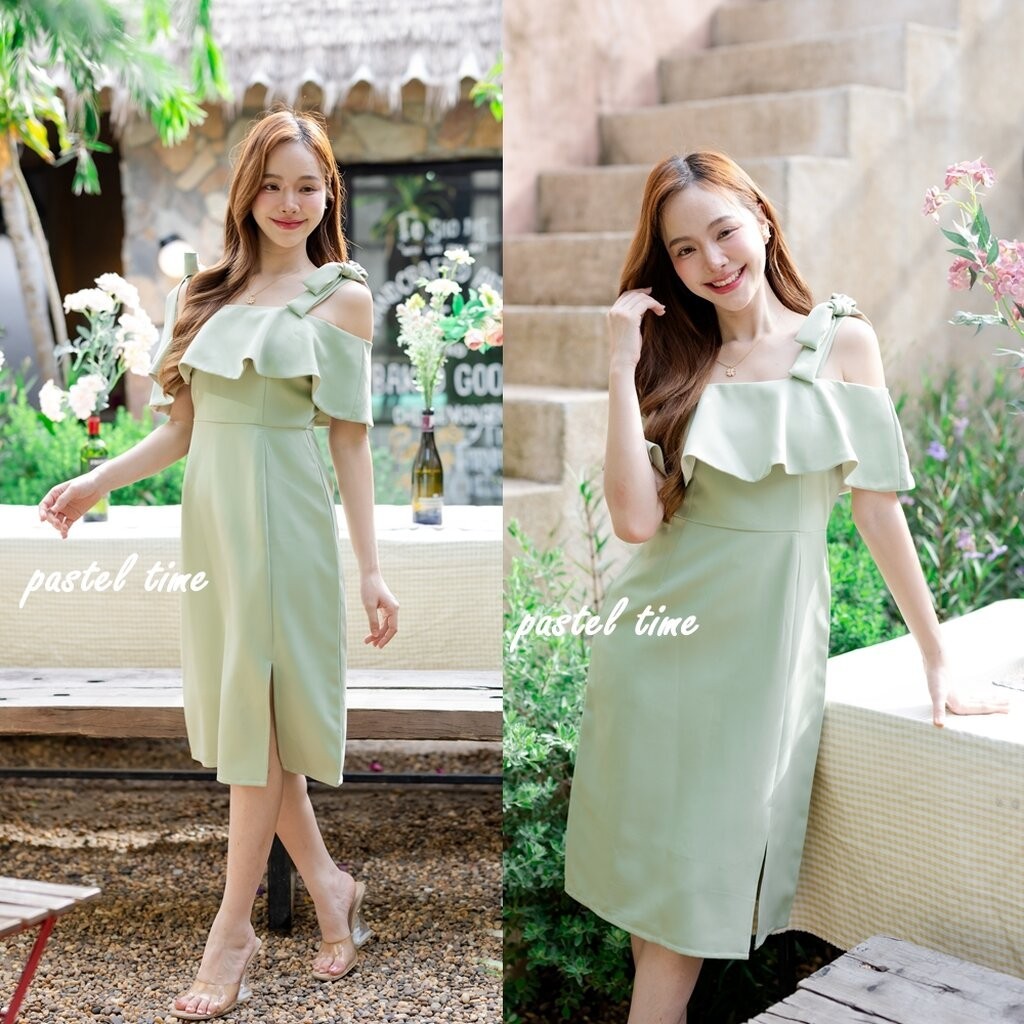 Kristen off-shoulder dress : สีเขียวมัทฉะ [Made by Pastel Time]