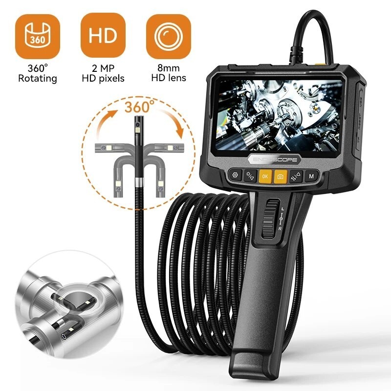360°พวงมาลัยกล้องเอนโดสโคปอุตสาหกรรม 8 มม.เดี่ยว/คู่เลน 1080P 5 "IPS หน้าจอการตรวจสอบ Borescope