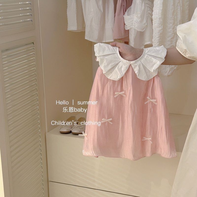 Summer Sweet Girls Summer dress Baby Sweet Princess สไตล์โบว์สีชมพู เดรสวิ้งๆ เดรสกันแดด