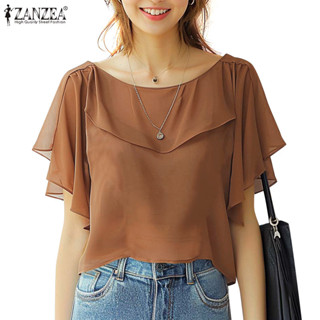 Zanzea เสื ้ อเบลาส ์ หลวมแขนสั ้ นลําลองผู ้ หญิงเกาหลี