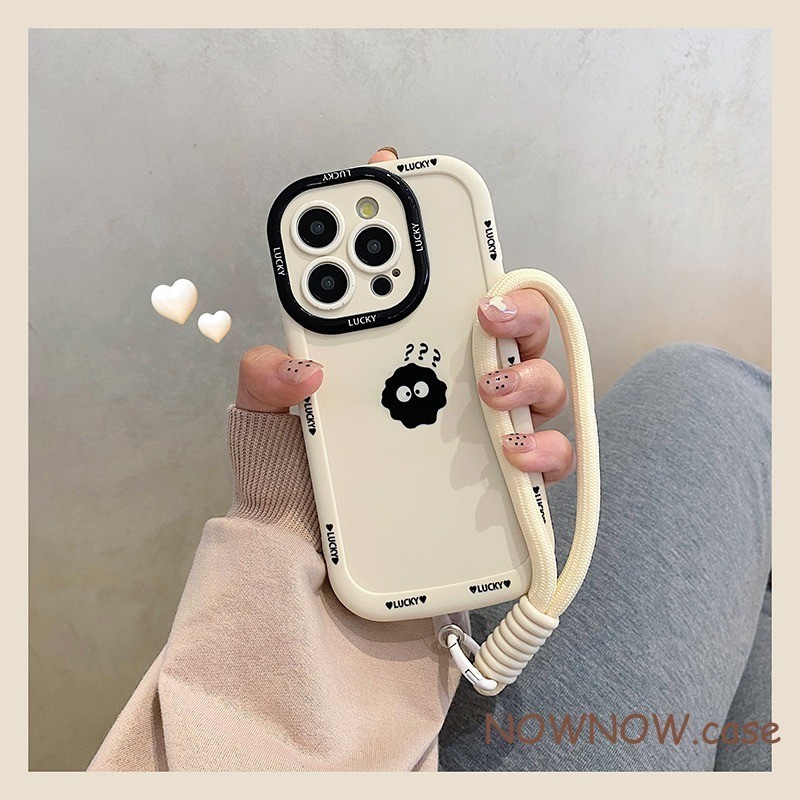 ไอโฟน 15 14 13 12 11 มือโปร สูงสุด X เอ็กซ์อาร์ สูงสุด 7 8 บวก การ์ตูนสนุกคําถามเครื่องหมายลูกถ่านหินสีดําเต็มแพคเกจกรณีโทรศัพท์พร้อมสายแขวนและสายรัดข้อมือเพื่อป้องก