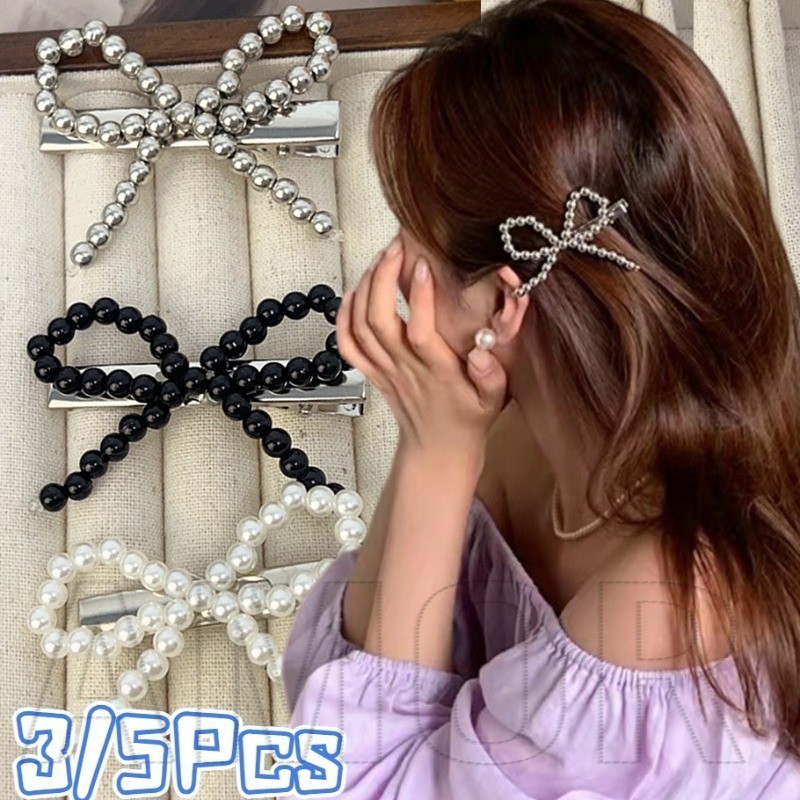 5Pcs Pearls Bow Hair Clip - Silver Bowknot Beads Hairpin -  Korean INS Style, Y2K, Sweet