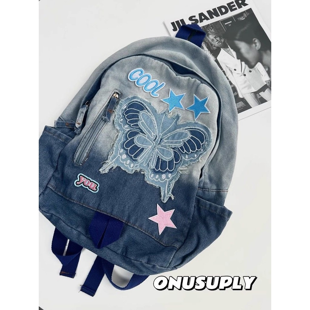 Gradient Color Backpack ปัก Tie-Dye Washed Denim Blue High-Value Butterfly Blue Star cool College Ba