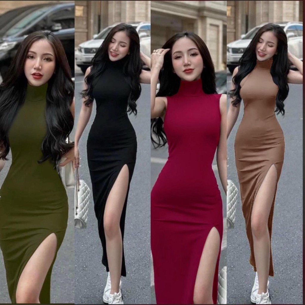 เดรสยาวคอเต่าแขนกุด บอดี้คอน ผ่าต้นขา สร้างหุ่นสง่างาม