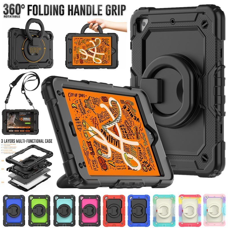 สําหรับ iPad Mini 4 5 เกราะเด็กที่เป็นมิตรหมุนขาตั้ง Heavy Duty Hard กันกระแทกฝาครอบหน้าจอสายคล้อง