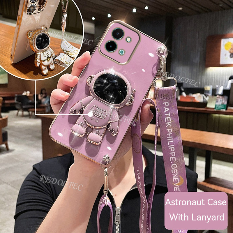 กรณี VIVO Y28 4G 2024 ใหม่แฟชั่นน่ารัก 6D Electroplated เคสโทรศัพท์ VIVOY28 VIVO Y 28 Y28 พร้อมนักบินอวกาศขาตั้งผู้ถือยาว Crossbody Lanyard สายคล้องสําหรับสาว