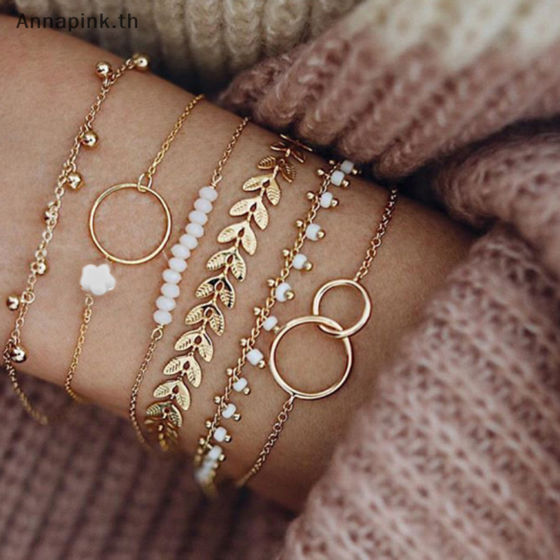Annapink.th 6 ชิ้น/เซ็ต Boho สร้อยข้อมือชุดผู้หญิง sels ใบวงกลมโซ่กําไลข้อมือเครื่องประดับ EN