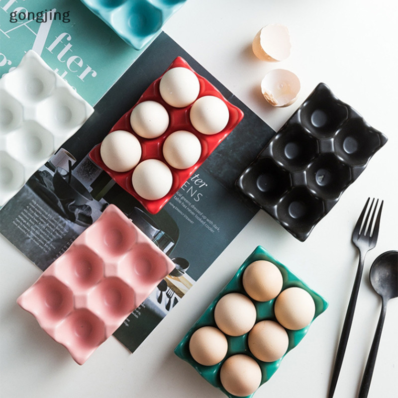 ฆ้อง 6 กริดผู้ถือไข่เซรามิค Anti-Slip กล่องไข่ตู้เย็นกันกระแทกถาดไข่ผู้ถือกล่องเก็บ Home Storage Organization th