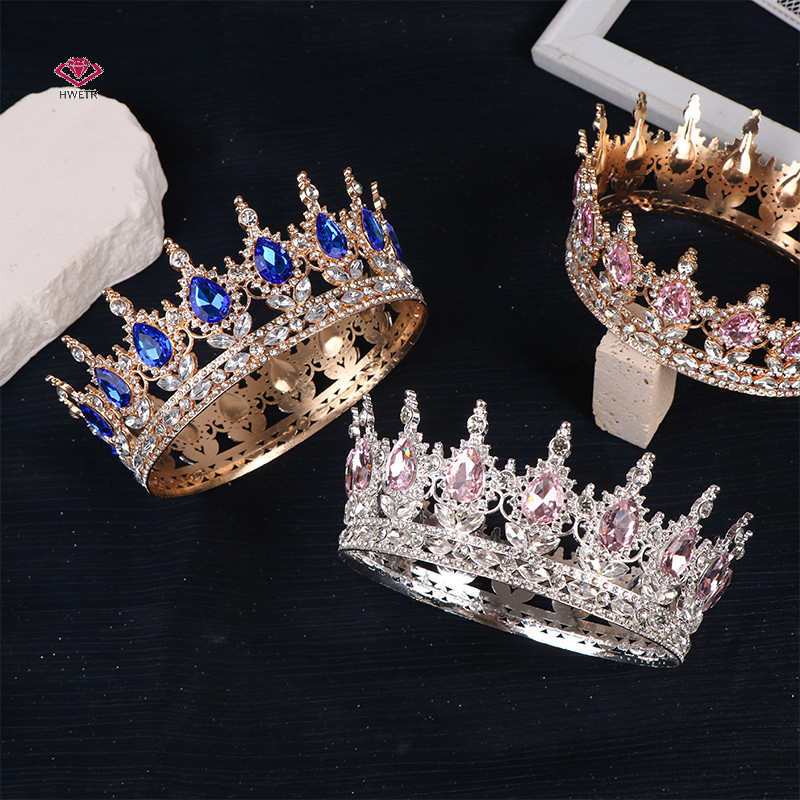 Hwetr 2024 ใหม่ Baroque รอบมงกุฎแต่งงานเจ้าสาวประกวด Rhinestone คริสตัล Tiaras Crown Molding Headpieces สําหรับ Queens และ King ใหม่