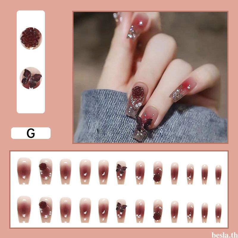 besla.thMedium ความยาวบัลเล่ต์เล็บผีเสื้อ Pearl Press-on Nails เล็บปลอมอเนกประสงค์ 24 ชิ้นชุด