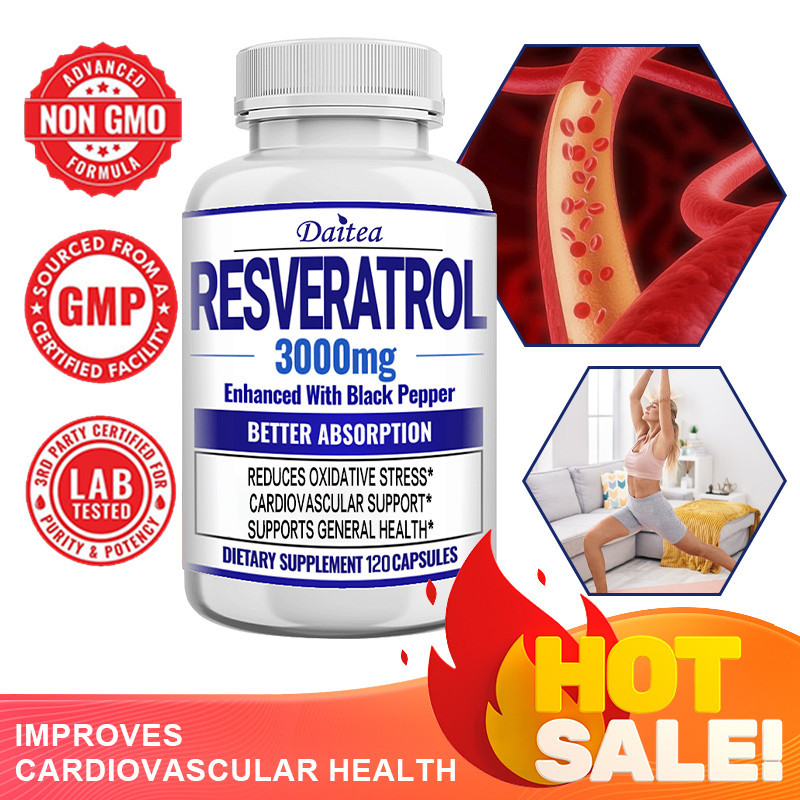Resveratrol สําหรับต่อต้านริ้วรอย, ผิวกระจ่างใส, สุขภาพภูมิคุ้มกัน, รองรับหลอดเลือดหัวใจ, 120 แคปซูล