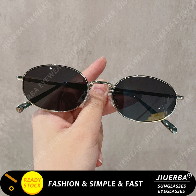 (JIUERBA) แว่นกันแดด Vintage Cyberpunk สําหรับผู้หญิง แว่นกันแดดกันแดดทรงรีโลหะ
