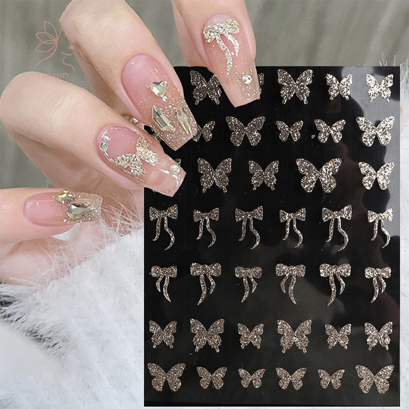 [maybeauty] สติ๊กเกอร์ติดเล็บผีเสื้อสีทอง Bowknot Rabbit Self-Adhesive Decals ตกแต่งเล็บ DIY ออกแบบเล็บ {TH}