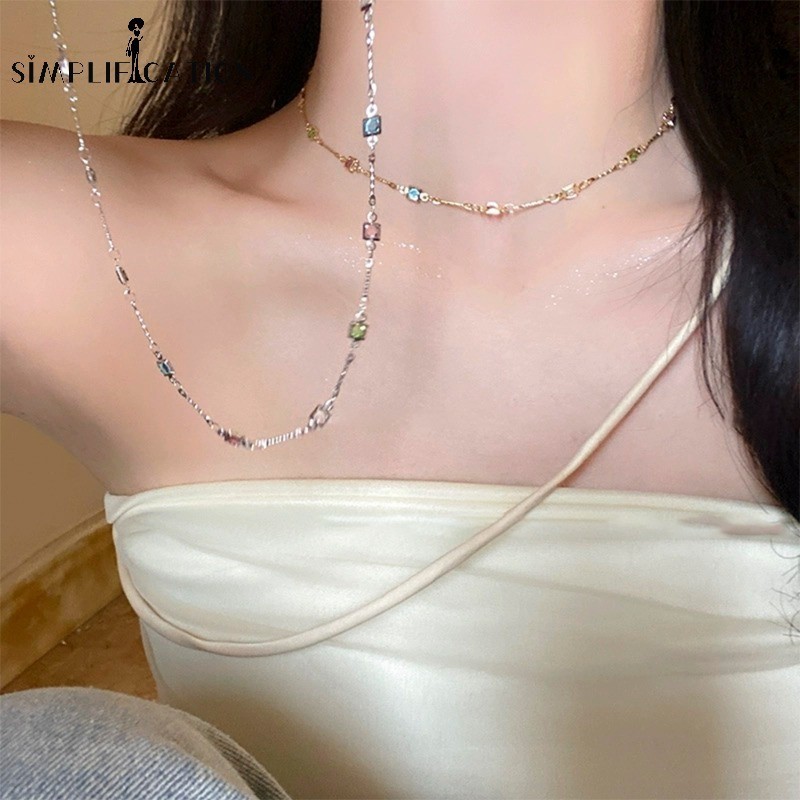 ผู้หญิงสาววินเทจหวานที่มีสีสันกระดูกไหปลาร้าโซ่ เพนเดนท์ สร้อยคอ-ที่เรียบง่ายเพทายสแควร์คริสตัลพลอยสร้อยคอ-สวมใส่อุปกรณ์