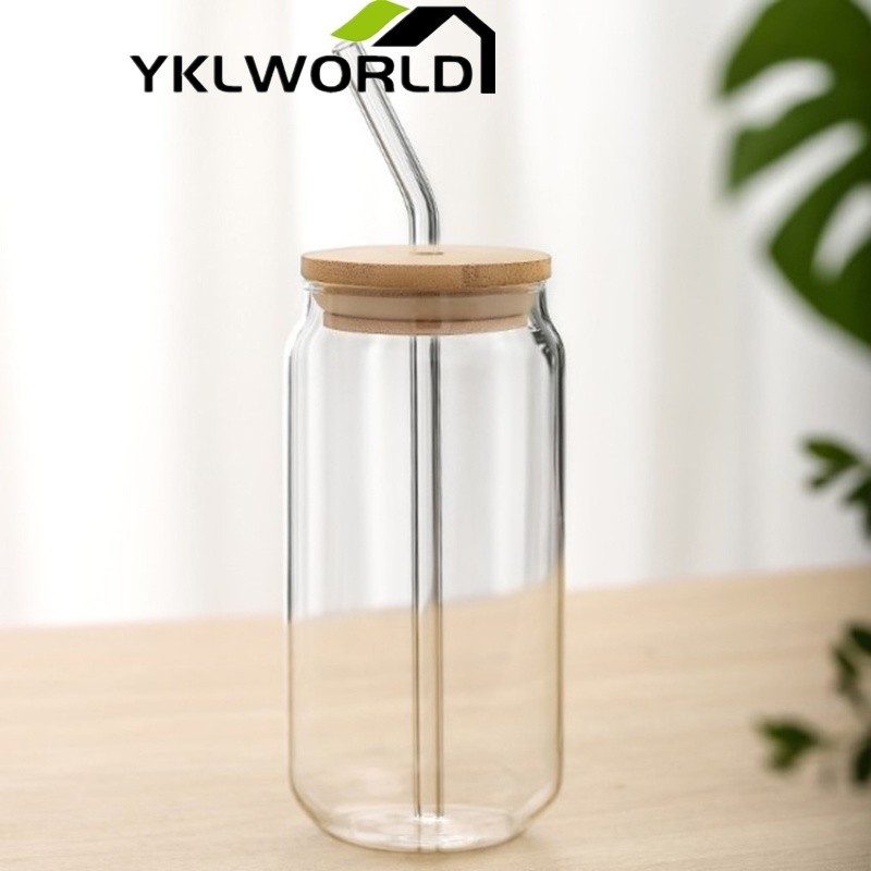 YKLWORLD แก้วมินิมอล ฝาไม้ ขนาด 540ml. สำหรับใส่กาแฟ น้ำผลไม้ น้ำอัดลม พร้อมหลอดแก้ว