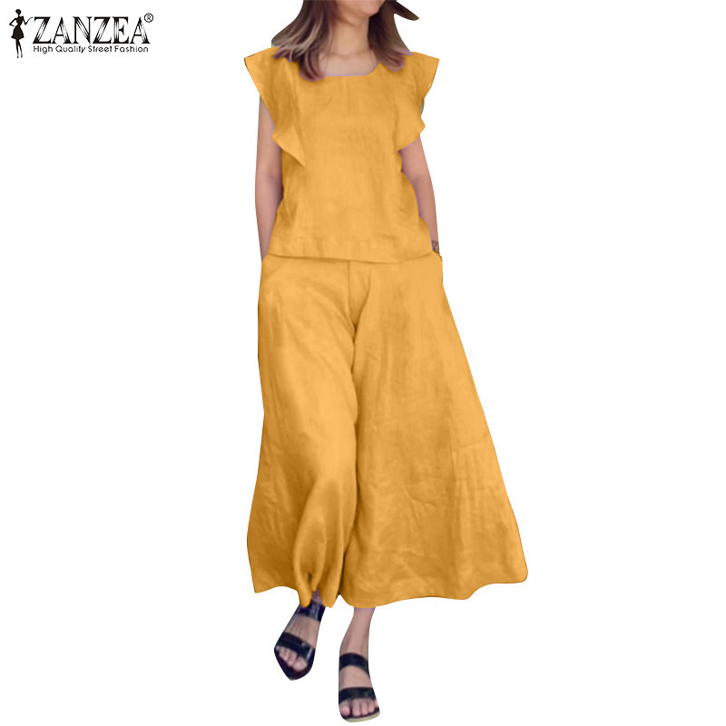Zanzea ผู้หญิงเกาหลี U คอ Ruffle แขน Elasticized เอวกระเป๋ากว้างขา Tops & Trousers