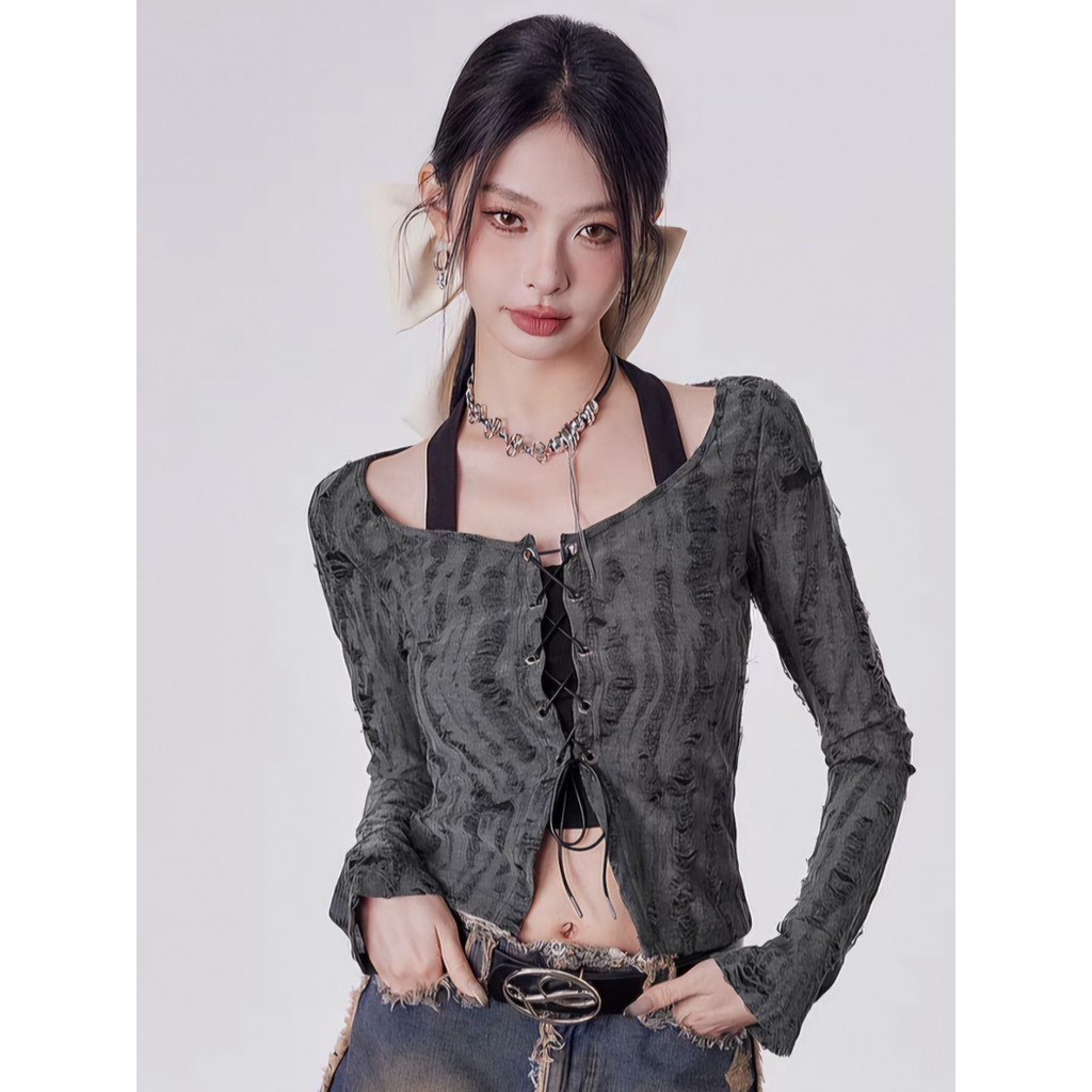 L.A Shop​-​พร้อมส่ง เซ็ต คล้องคอ+เสื้อไหมพรมแขนยาว ดีเทล ร้อยเชือกเก๋ สีเทาอ่อนๆ 