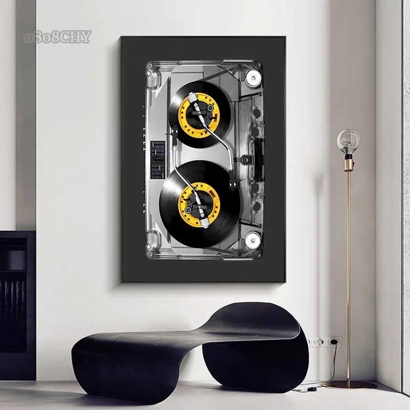 Cassette DJ Turntable ผ้าใบโปสเตอร์ที่ไม่ซ้ํากันแฟชั่นพิมพ์ Wall Art ภาพวาด Graffiti ไวนิล Turntable โปสเตอร์สําหรับ Home Room Decor