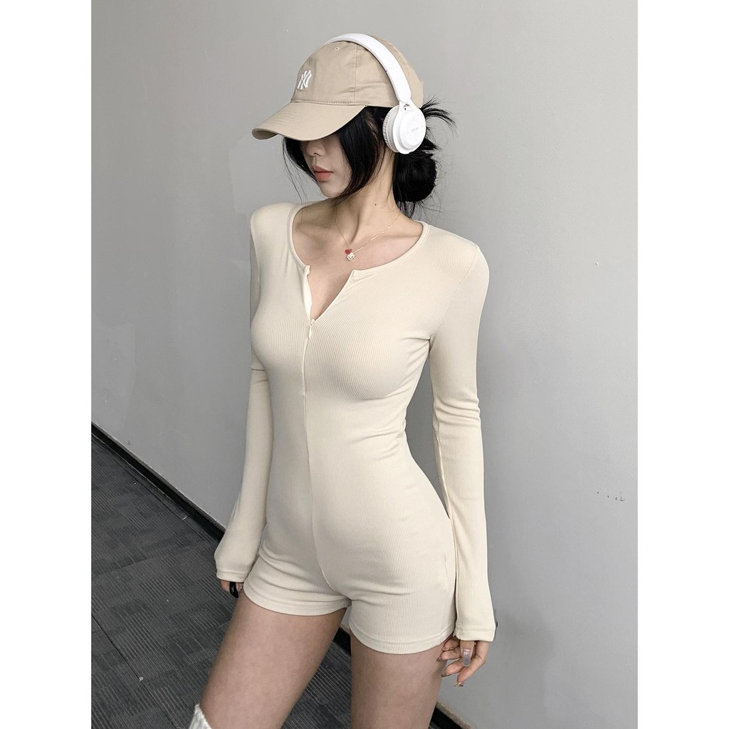 mimi&didi#เสื้อบอดี้สูทแขนยาวสีดำผู้หญิ ชุดจั๊มสูทกกำลังกาย มีซิปด้านหน้าทรงเข้ารูป ชุดโยคะ เนื้อผ้ากระชับยืดหยุ่น#2683 - รูปที่ 4