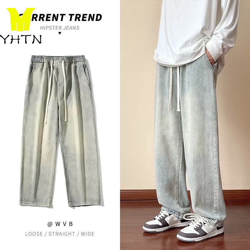 YHTN กางเกงยีนส์ผู้ชายไซส์ใหญ่    ขากว้าง สินค้าใหม่ กางยีนส์ผู้ชาย แฟชั่น คุณภาพสูง กระบอกตรง ยางยื
