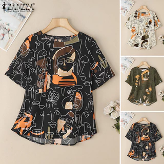 ZANZEA ซานเซีย ผู้หญิงแฟชั่นเกาหลีรอบคอกราฟฟิตีพิมพ์เสื้อแขนสั้น