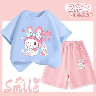 ชุดเด็กผู้หญิง My Melody แขนสั้นสองชิ้นที่มีสไตล์ ชุดใหม่ฤดูร้อนน่ารัก