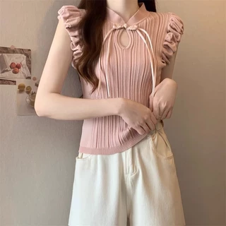 📣Mystyle.99📣เสื้อยืดไหมพรมสไตล์จีน สีพื้น แฟชั่นสําหรับผู้หญิง #B42