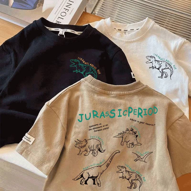 【จัดส่งภายใน24ชั่วโมง】เสื้อยืดเด็กผู้ชาย ผ้าฝ้าย100% พิมพ์ลายไดโนเสาร์ หลวมสบาย 3สี มีขนาด90-150 เหมาะเด็กน้ำหนัก10-37kg